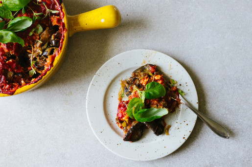 Auberginegratäng med purjo och fetaost